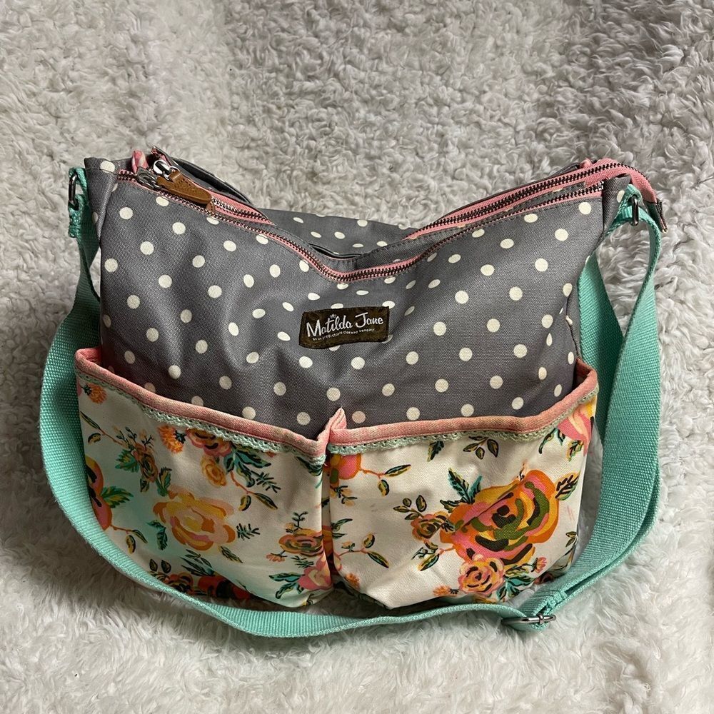 Matilda Jane Floral Polka Dot Diaper Bag Pink Peach Gray Baby Unisex tote .